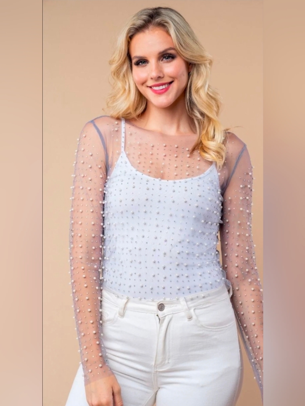Crystal & Pearl Embellished Mesh Long Sleeve Top - Grey
